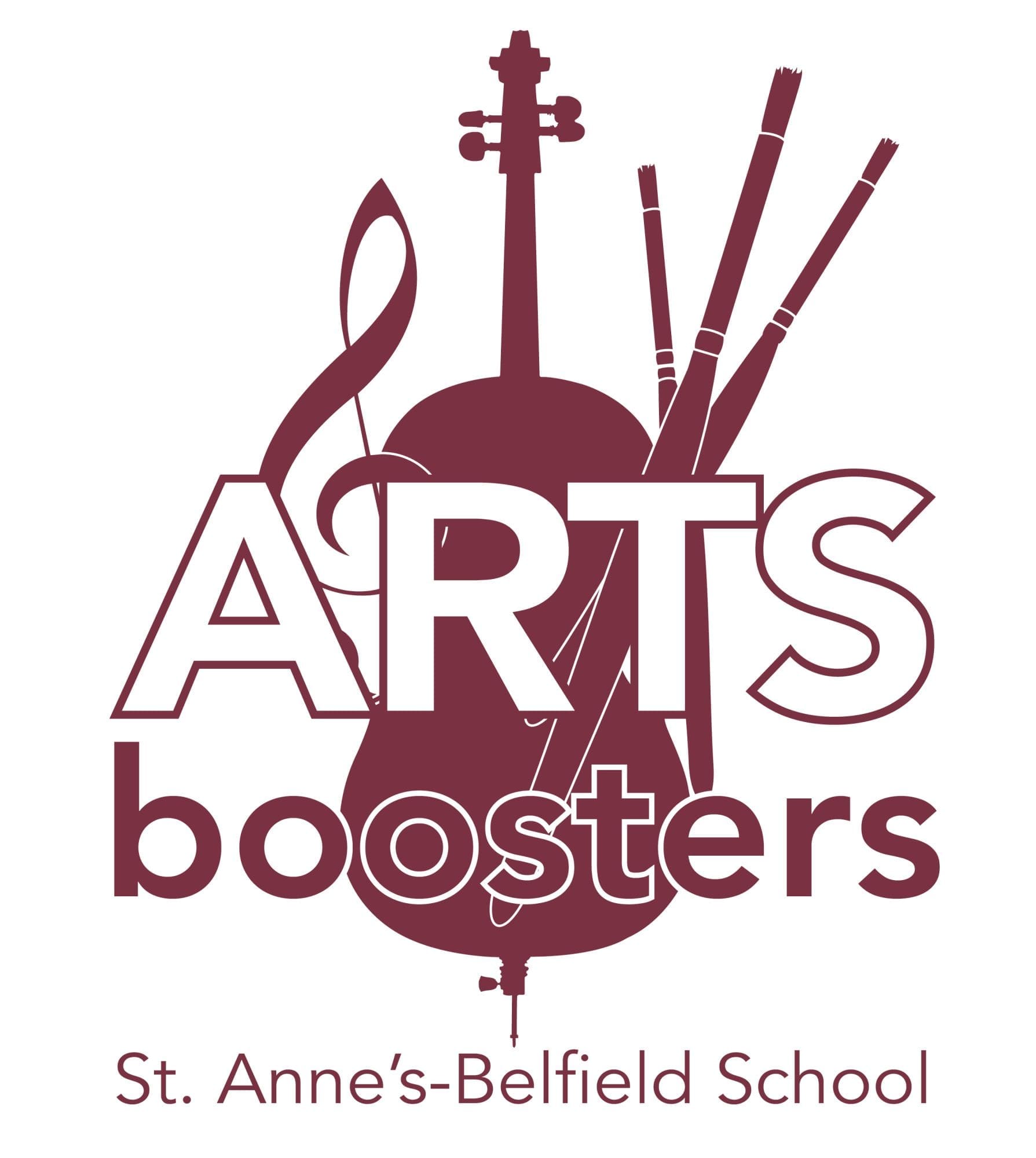 Logo for the St. Annes-Belfield School Arts Boosters featuring a cello and paintbrushes behind the text.