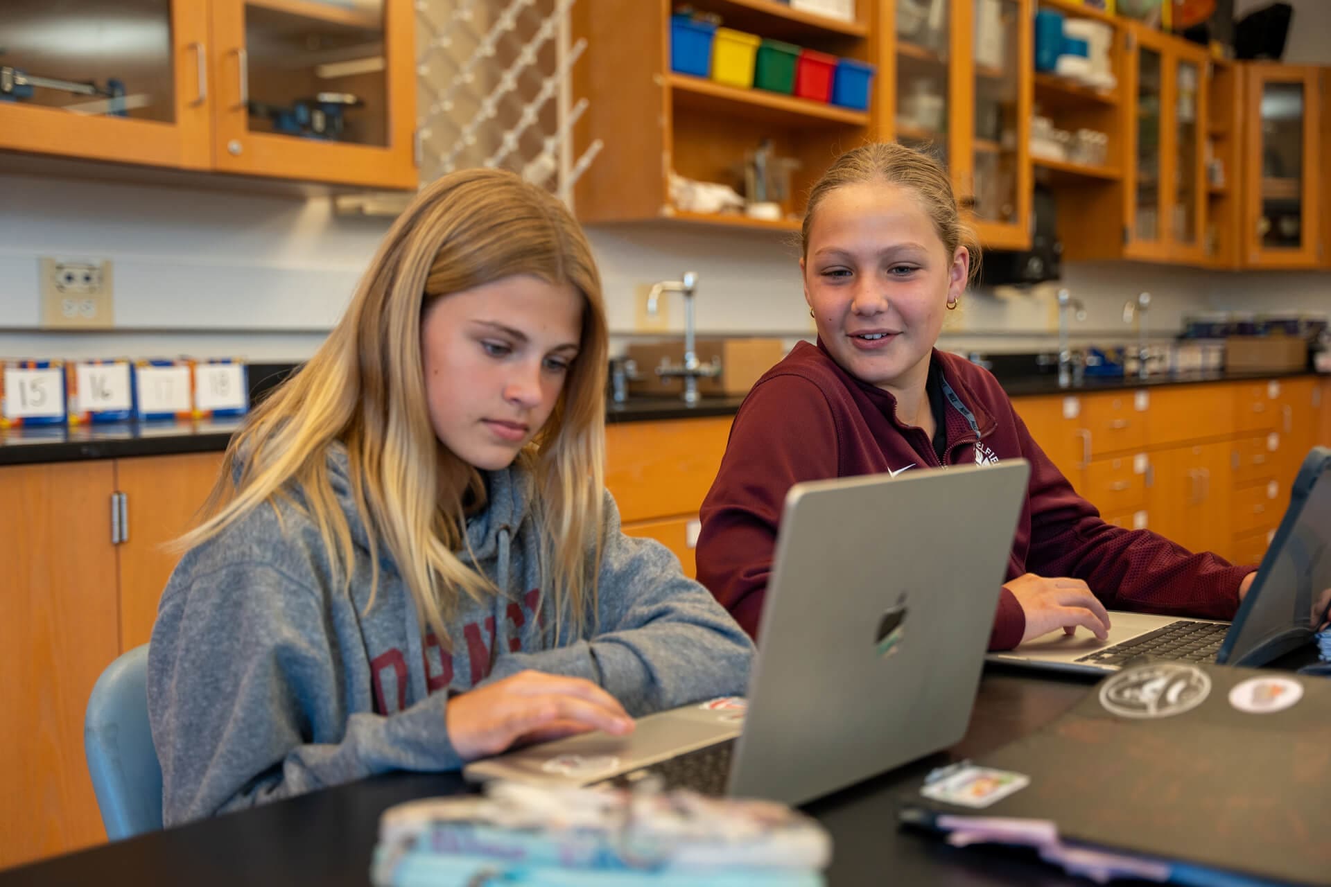 Two girls sit at a lab table in a classroom, each using a laptop. One girl focuses on her screen while the other looks at her with a slight smile. Lab equipment and shelves are visible in the background.