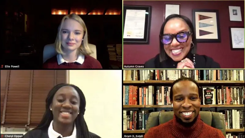 A grid showing four people in a video call: Ellie Powell, Autumn Graves, Cheryl Oppan, and Ibram X. Kendi.