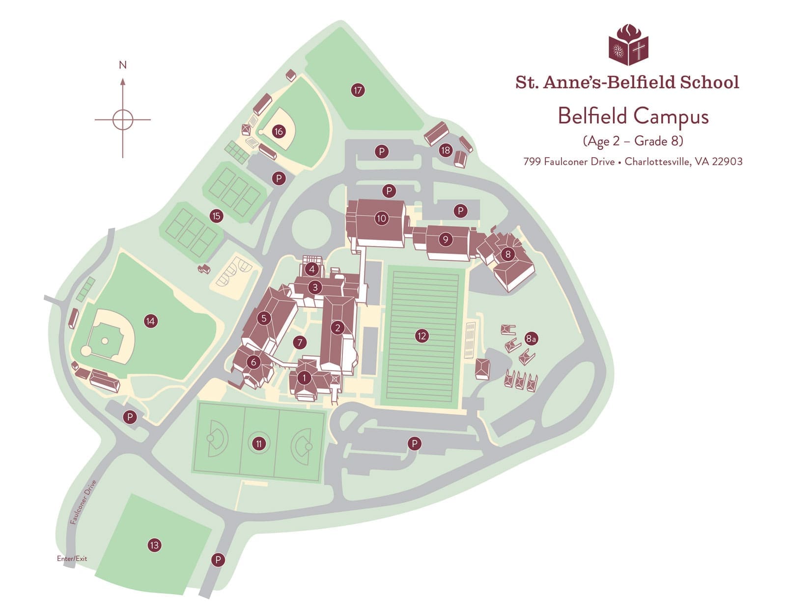 Map of St. Anne’s-Belfield School Belfield Campus in Charlottesville, VA, showing labeled buildings, parking lots, sports fields, roadways, and a compass for orientation.