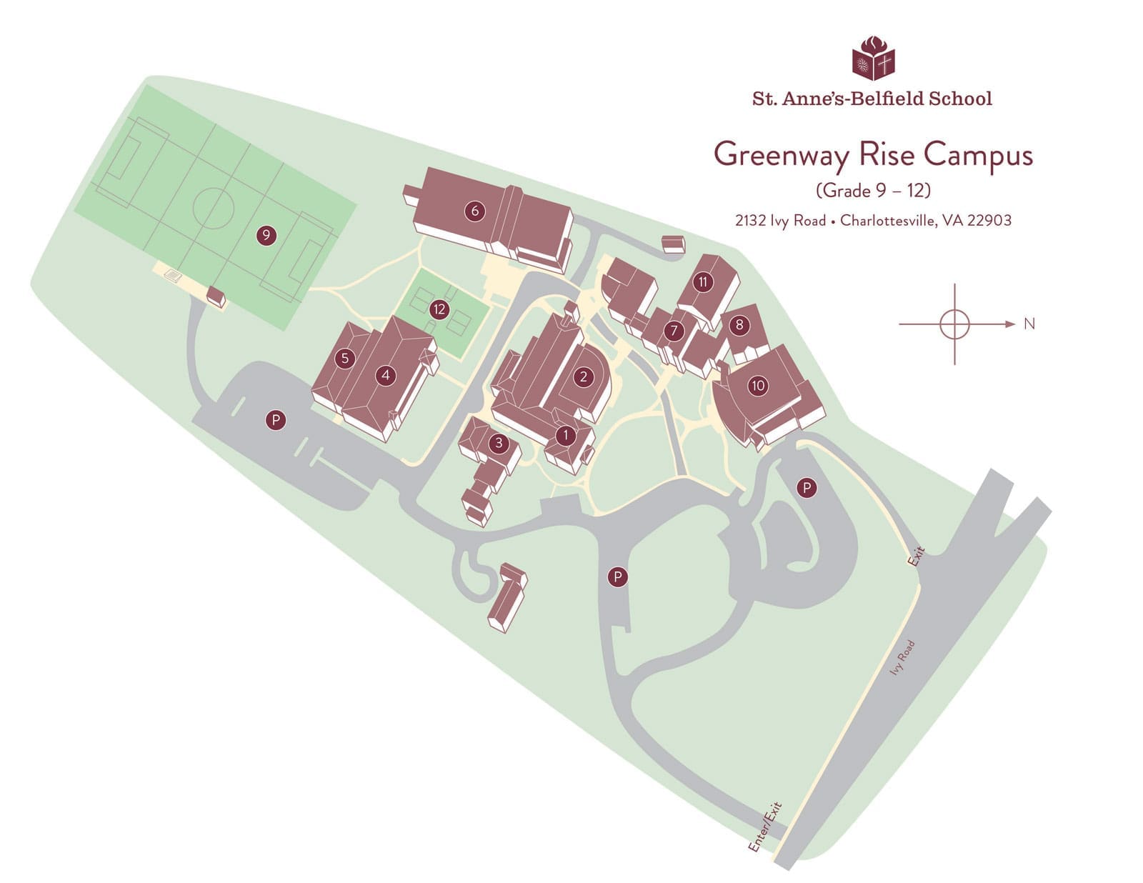 Map of St. Anne’s-Belfield School Greenway Rise Campus in Charlottesville, VA, showing labeled buildings, pathways, a sports field, and a compass rose indicating north. Text includes the school name and campus address.